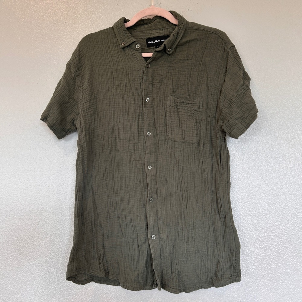 Molokai Surf Co Mens Large Olive Green Crinkle Gauze Cotton Short Sleeve Shirt